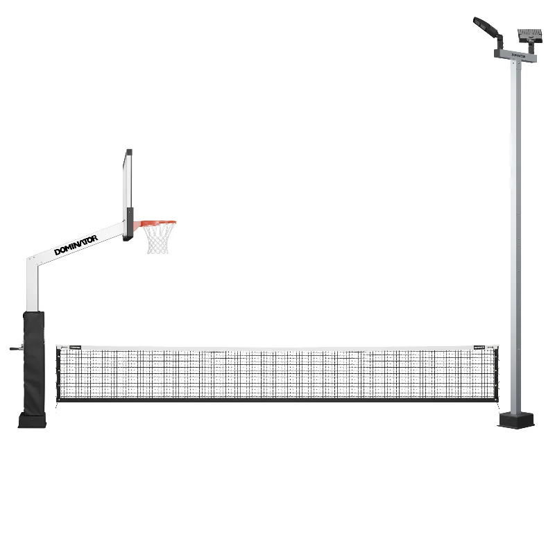 Dominator hoop-to-light pickleball netting strung between a hoop pole and a light pole