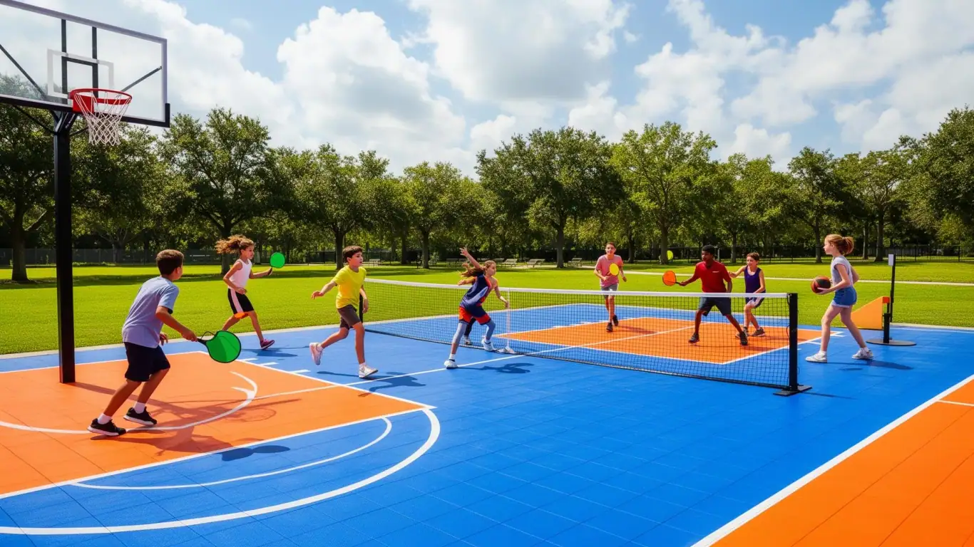 Kids playing basketball and pickleball on a blue and orange Game Tile Courts multi-sport court