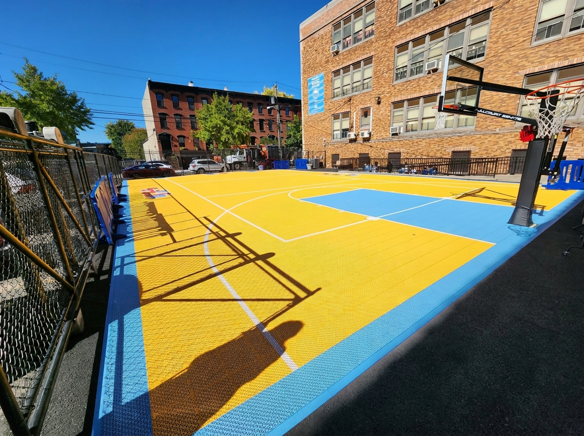 GTC Cushioned Flex Pro court tile installed - Premium cushioned comfort tile for basketball, volleyball, training spaces, and family recreation