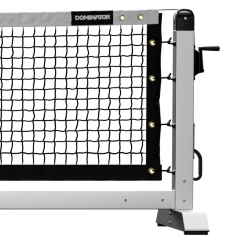Dominator Pro Max rolling portable pickleball net with a square aluminum frame and tension crank